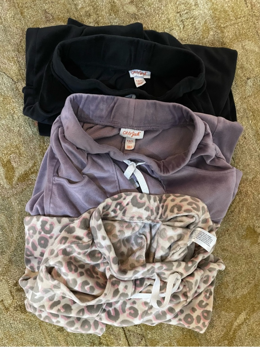 Lot of 3. Cat & Jack Girls' Velvet Joggers in Lavender, Black, and Pink Leopard - Picture 3 of 6